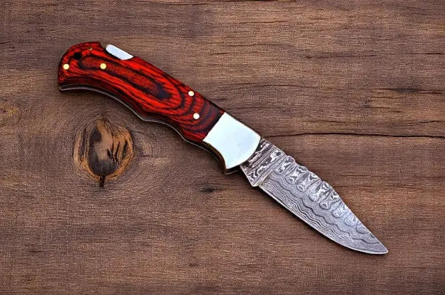 Exotic Wood Damascus Pocket Knife with Back Lock Damascus Knife Store