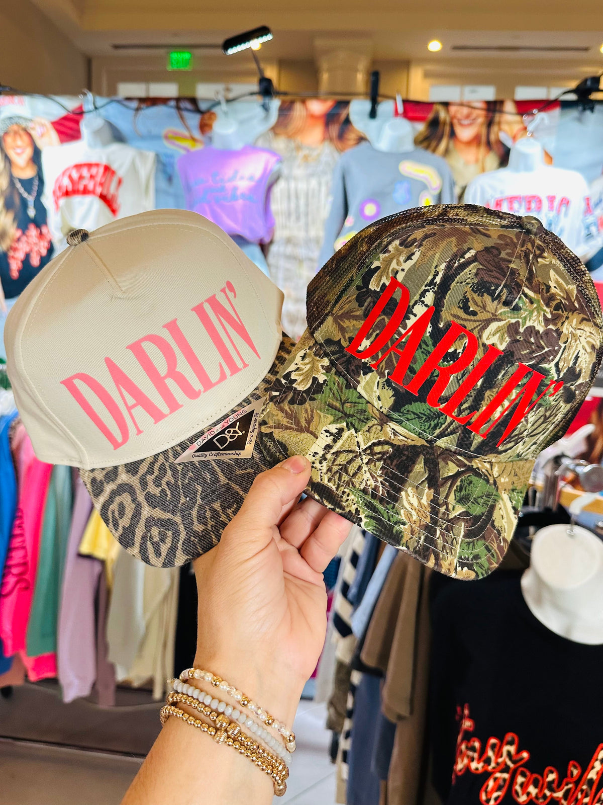 Darlin' (red font) Real Camo Canvas Trucker Hat detail view by Southern Bliss Company