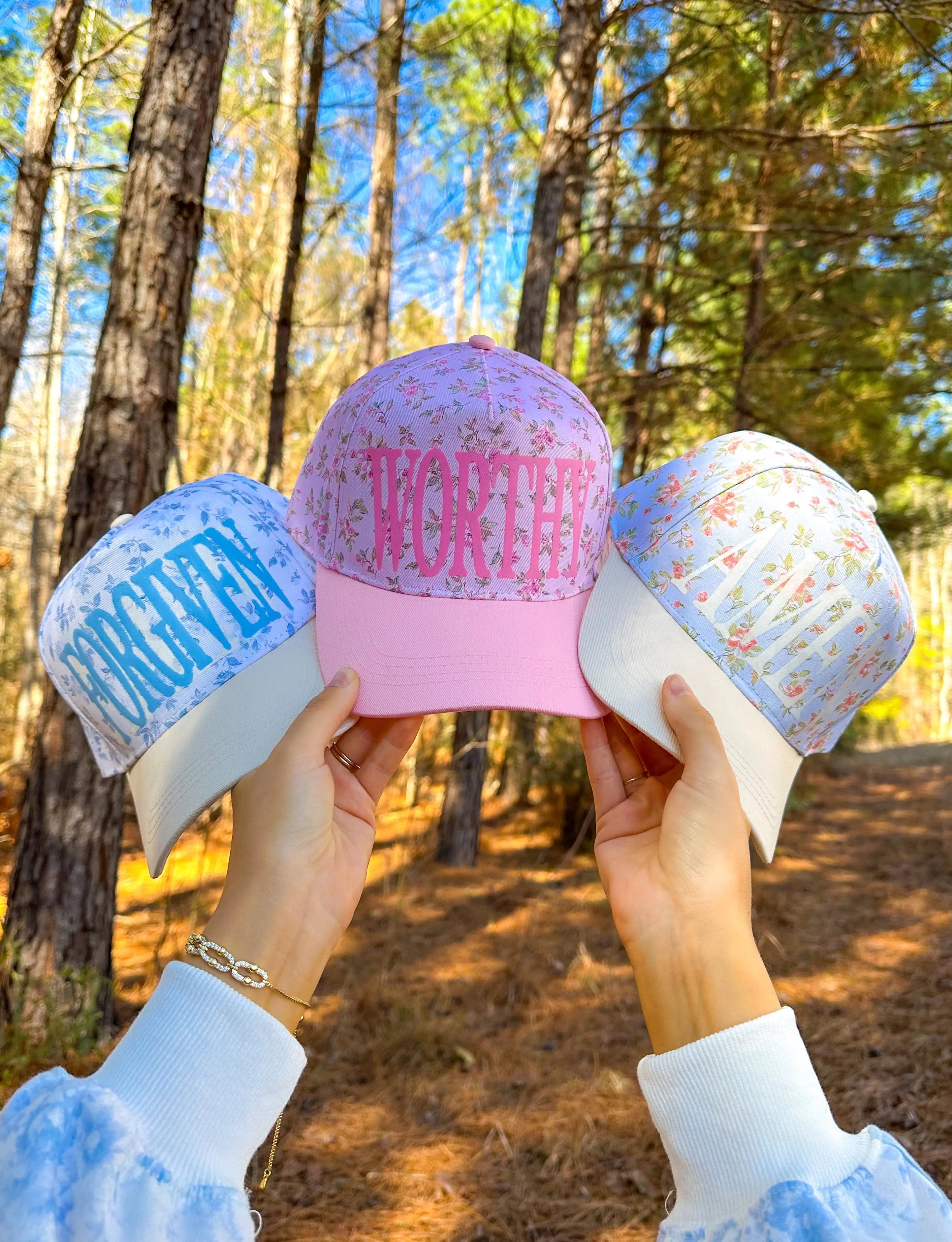 FORGIVEN Floral White/Light Blue Trucker Hat Southern Bliss Company