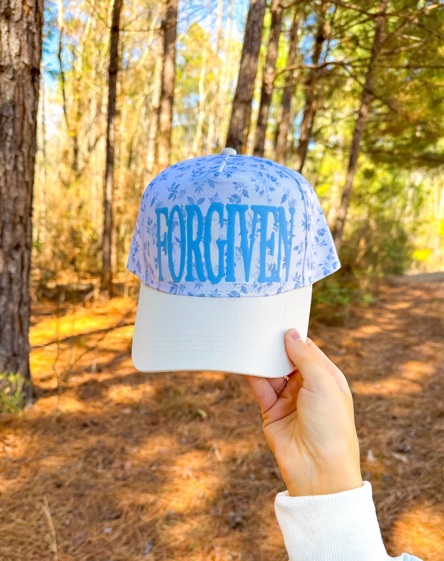 FORGIVEN Floral White/Light Blue Trucker Hat Southern Bliss Company