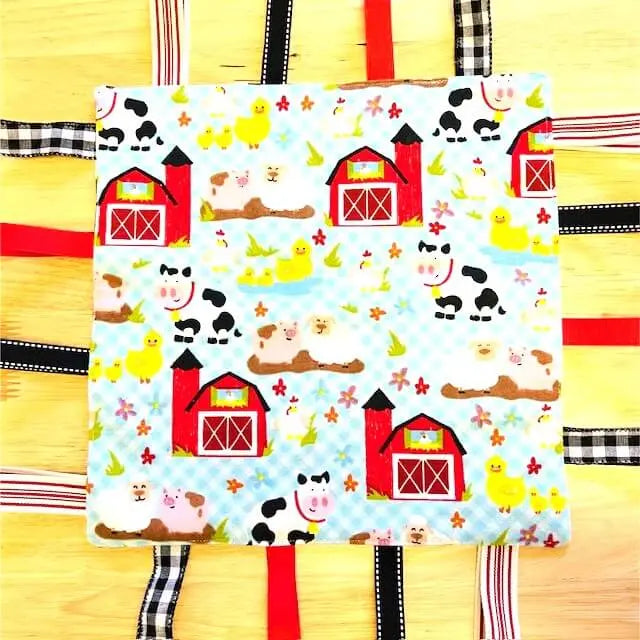 Farm Animal Taggy Blanket: Handmade Sensory Toy for Babies | Cow, Barn, Chicks Design | Mississippi Handmade