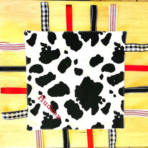 Cow Print Tag Blanket Sensory Toy for Babies - "Hudson" Handmade Cotton Fabric - Custom Taggy Toy