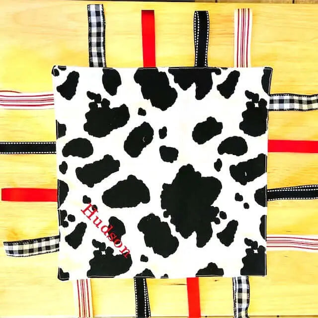 Cow Print Tag Blanket Sensory Toy for Babies - "Hudson" Handmade Cotton Fabric - Custom Taggy Toy