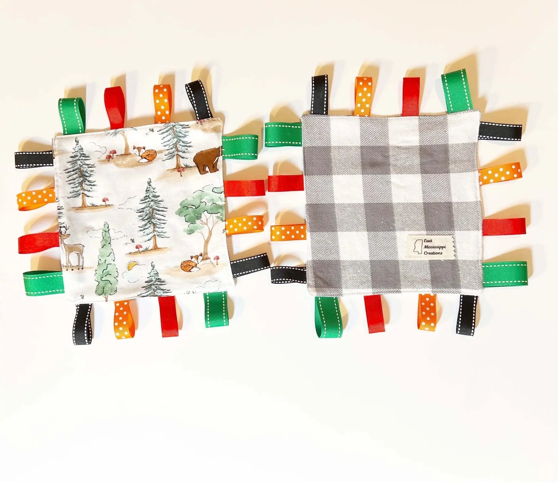 Woodland Animal Taggy Blanket Sensory Toy - East Mississippi Creations -Plush, ribbons
