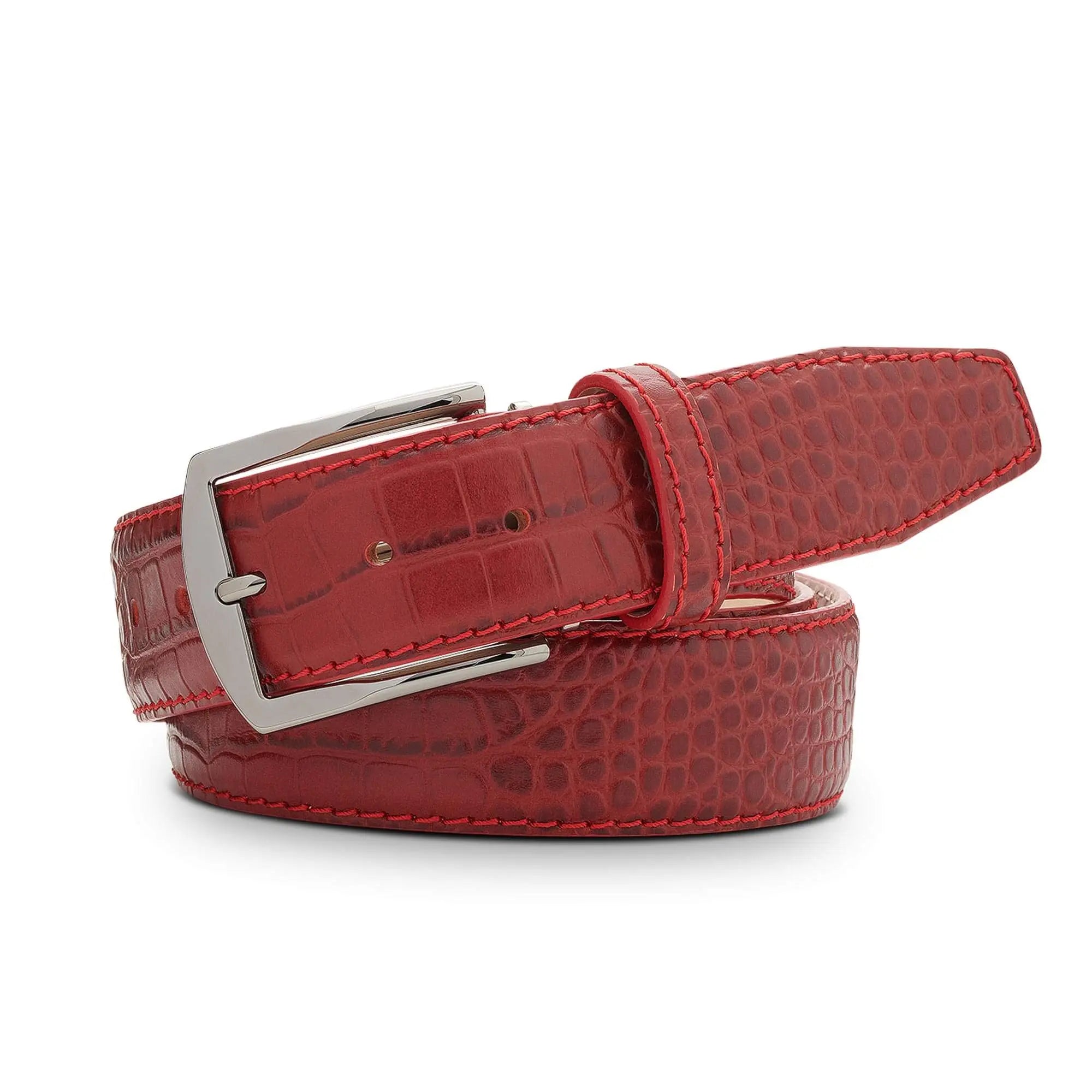 Close up of Ferrari red mock croc leather belt texture and finish