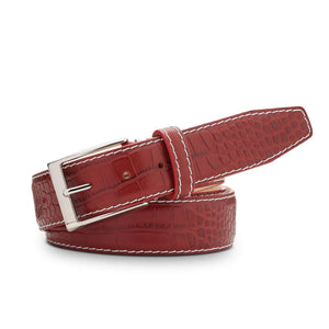 Roger Ximenez red custom leather belt with bespoke sizing options