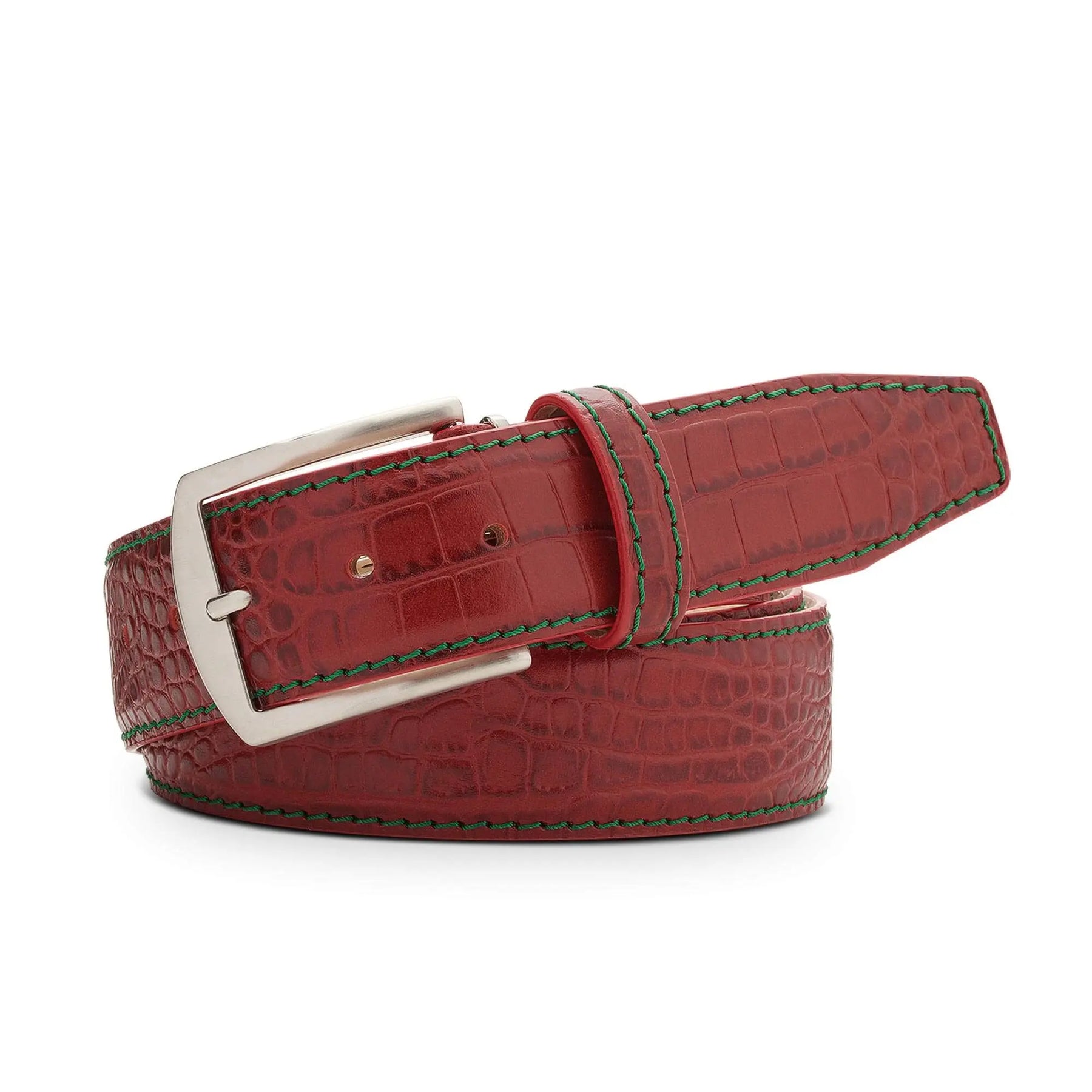 Statement red leather belt with mock croc texture by Roger Ximenez