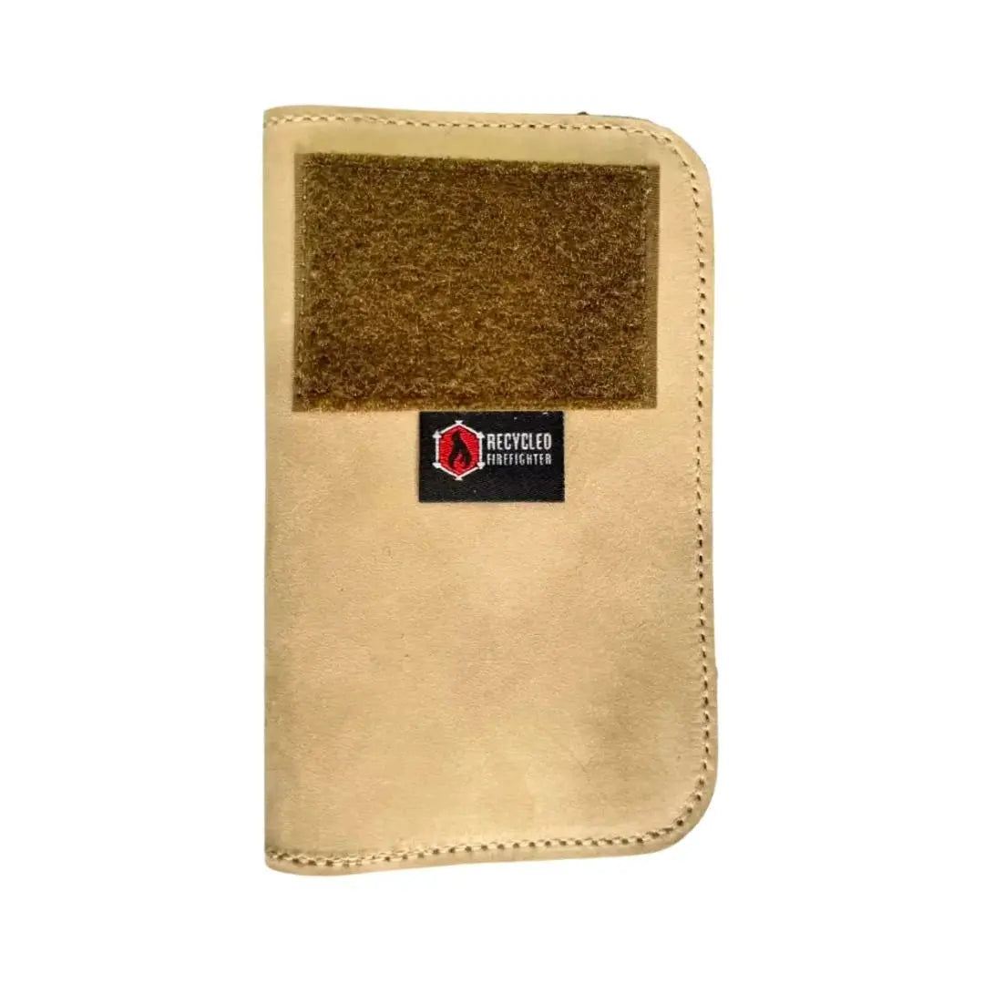 Tan leather Field Notes wallet with velcro patch and Recycled Firefighter logo