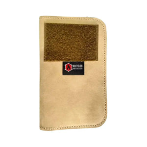 Tan leather Field Notes wallet with velcro patch and Recycled Firefighter logo