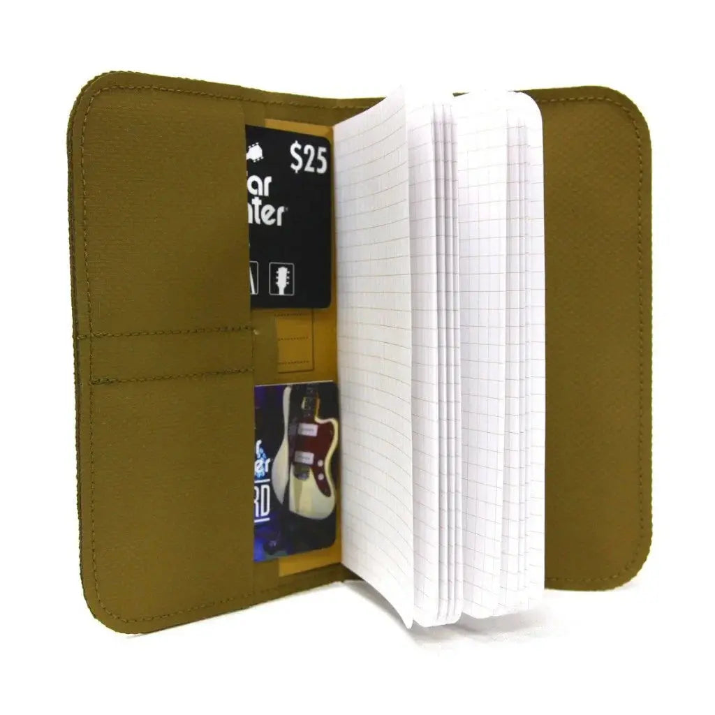 Brown leather-like wallet holding notebook and cards
