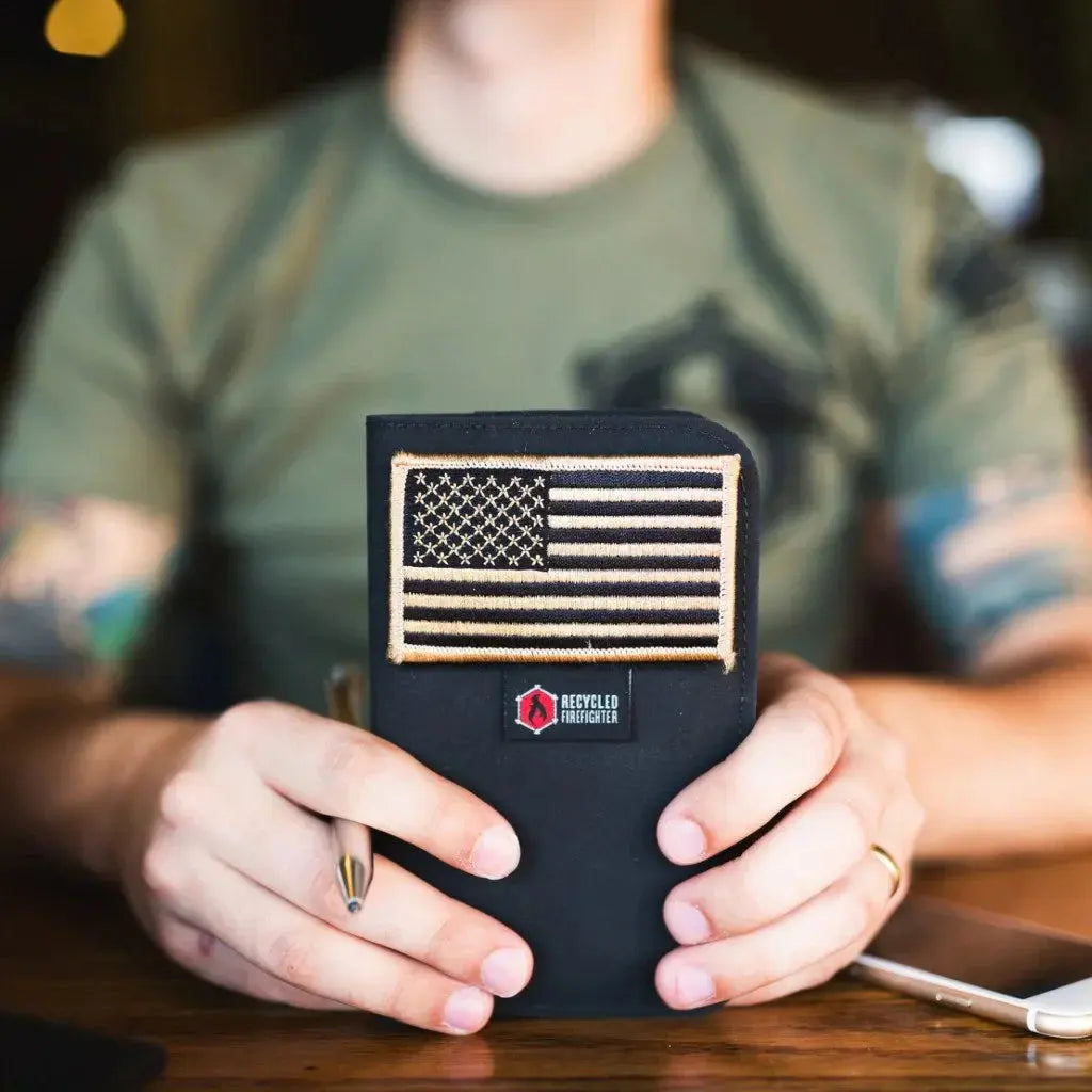Field Notes Wallet with American flag patch and Recycled Firefighter logo