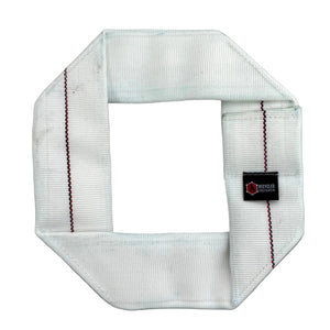 Octagonal white fire hose dog frisbee with red and blue stripes and a black label.