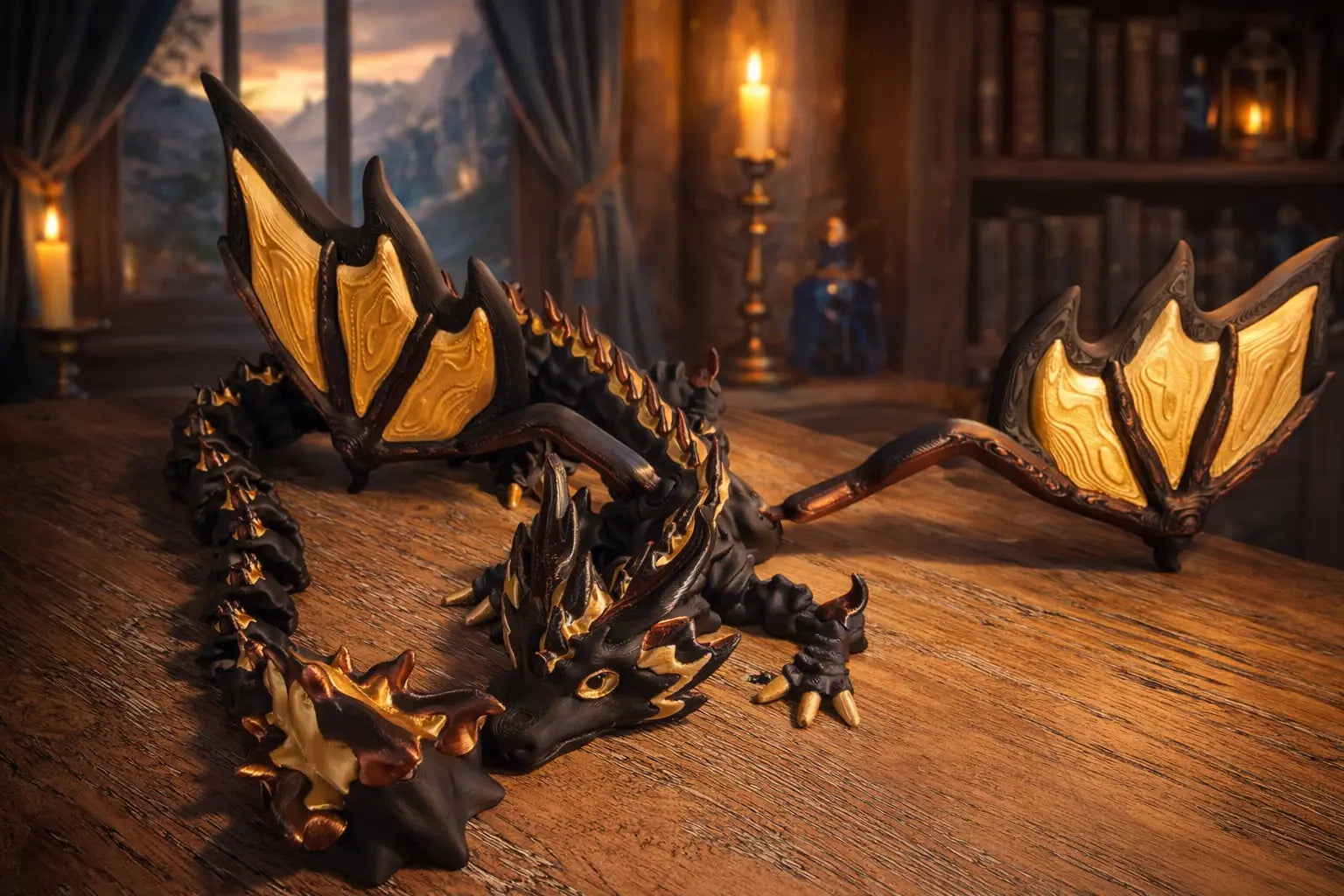 Black and gold articulated 3D printed dragon toy with wings.
