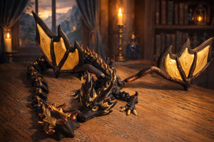 Black and gold articulated 3D printed dragon toy with wings.