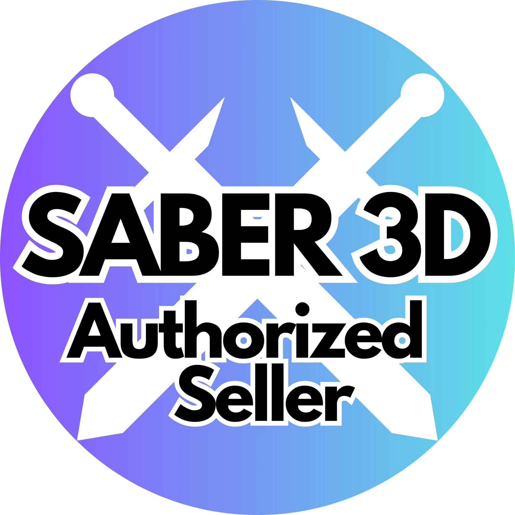 Saber 3D authorized seller logo with crossed swords and gradient background.