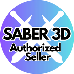 Saber 3D authorized seller logo with crossed swords and gradient background.