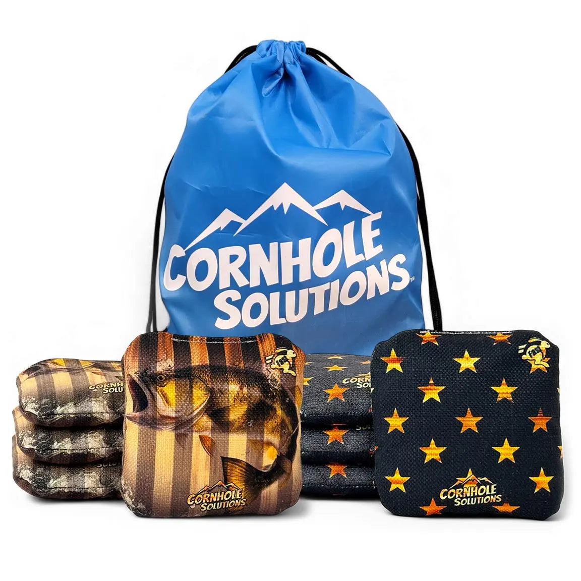 Fish/Rustic Stars - Pro Style REC Cornhole Bags – Regulation 6"x6" – Full Set of 8 Cornhole Solutions