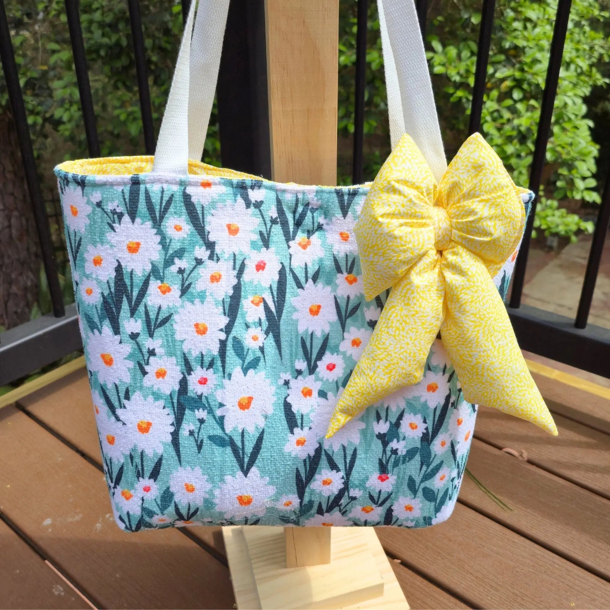 Floral Tote Bag with Bow Charm, Large Handmade Shoulder Bag, Cotton Lined Tote with Pockets Maypop House Designs