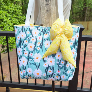 Floral Tote Bag with Bow Charm, Large Handmade Shoulder Bag, Cotton Lined Tote with Pockets Maypop House Designs