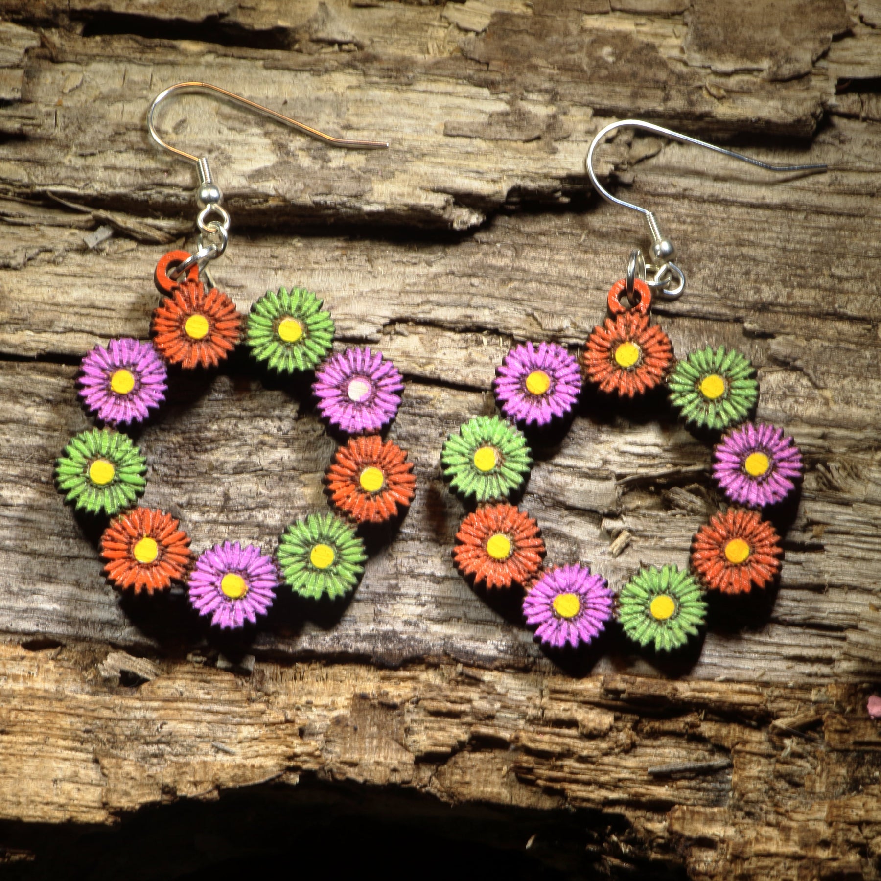 Floral Daisy Hoop Wooden Dangle Earrings | Spring Flower Jewelry