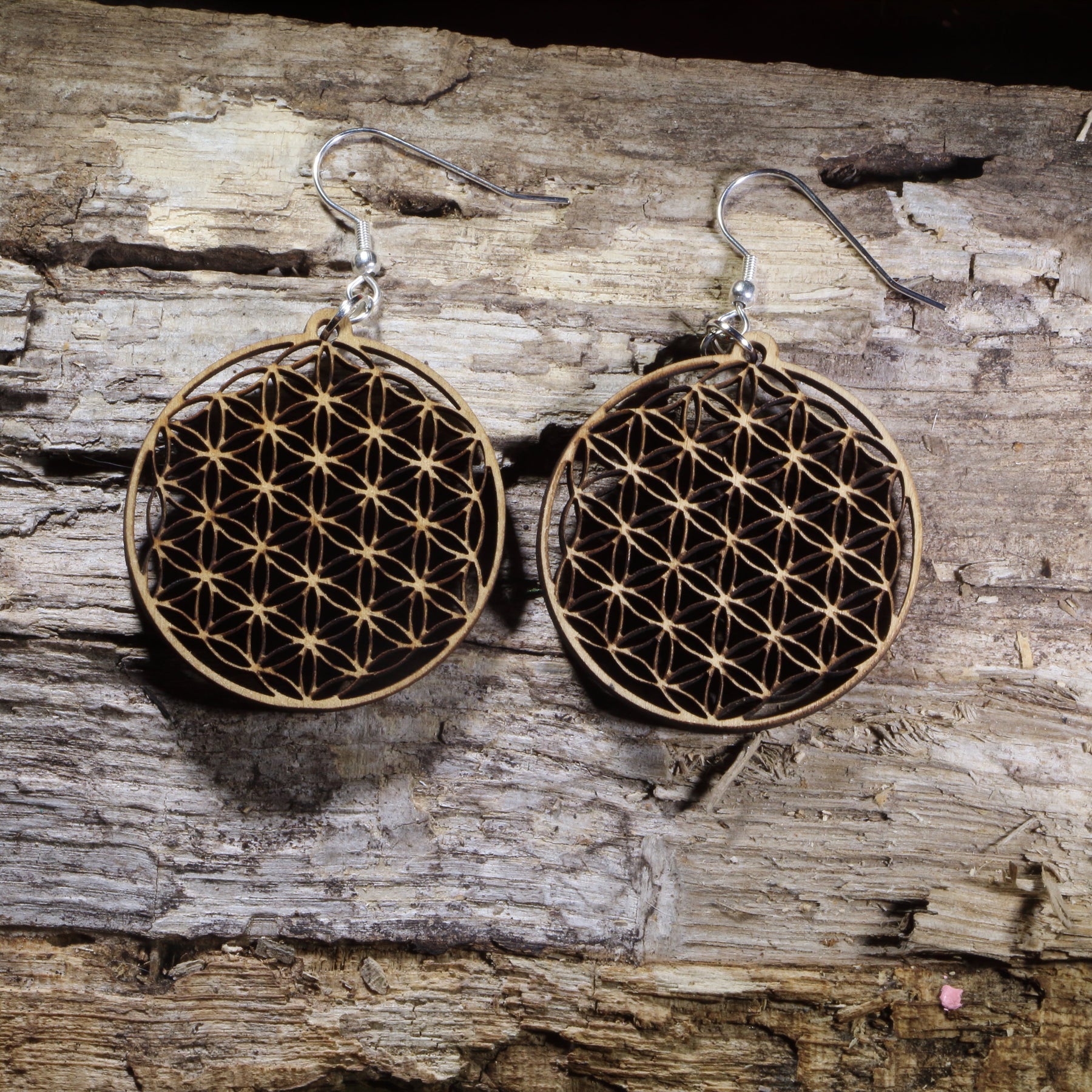 Flower of Life Wooden Dangle Earrings | Sacred Geometry Jewelry