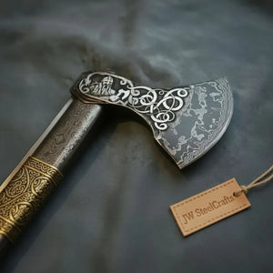 Hand Engraved Damascus Viking Axe with Carved Hardwood Handle and Matching Damascus Knife | Norse Collector Axe Set | JW SteelCrafts