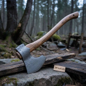 Damascus steel axe head with premium handle on rustic wood surface