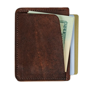 Cognac leather wallet with cards and cash in pockets; brown, rectangular card holder.