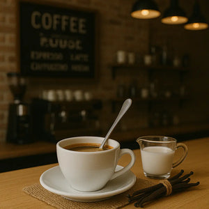 French vanilla lip balm ingredients: cup of coffee, milk, and vanilla beans on a wood table in a coffee shop setting.