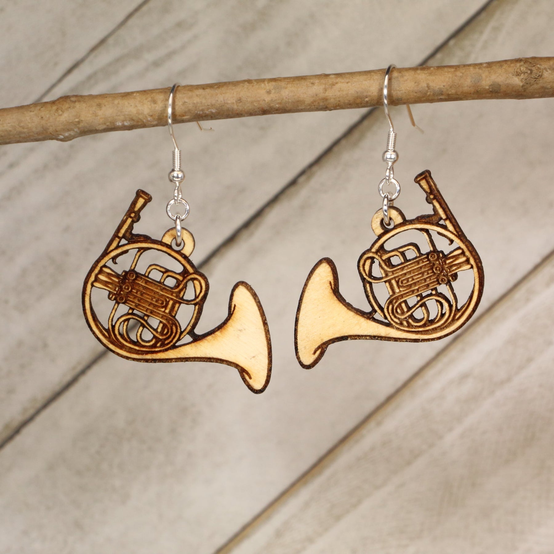 French Horn Wooden Dangle Earrings | Band Instrument Jewelry