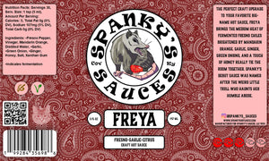 Spanky's Sauces Freya hot sauce label with possum graphic and ingredient list.