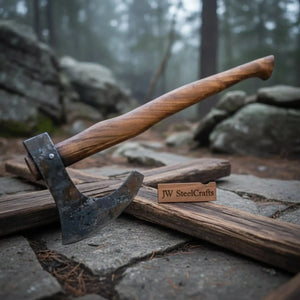 Damascus steel axe head with wood handle on rustic wood surface