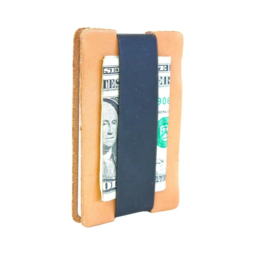 Natural full grain leather card wallet with black elastic strap and US dollar bills