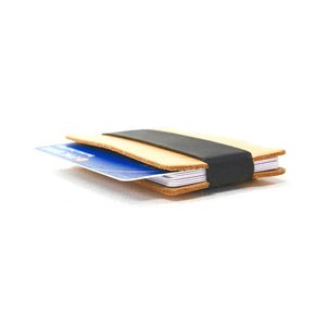 Full grain leather card wallet with elastic band holding credit cards.