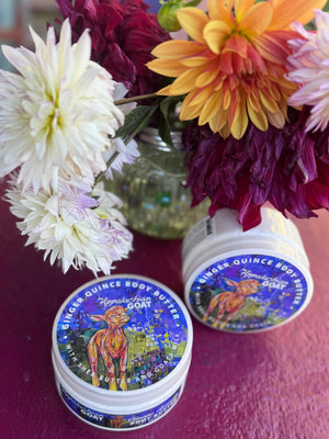 Ginger Quince Goats Milk Body Butter jars with Appalachian Goat branding and dahlias.