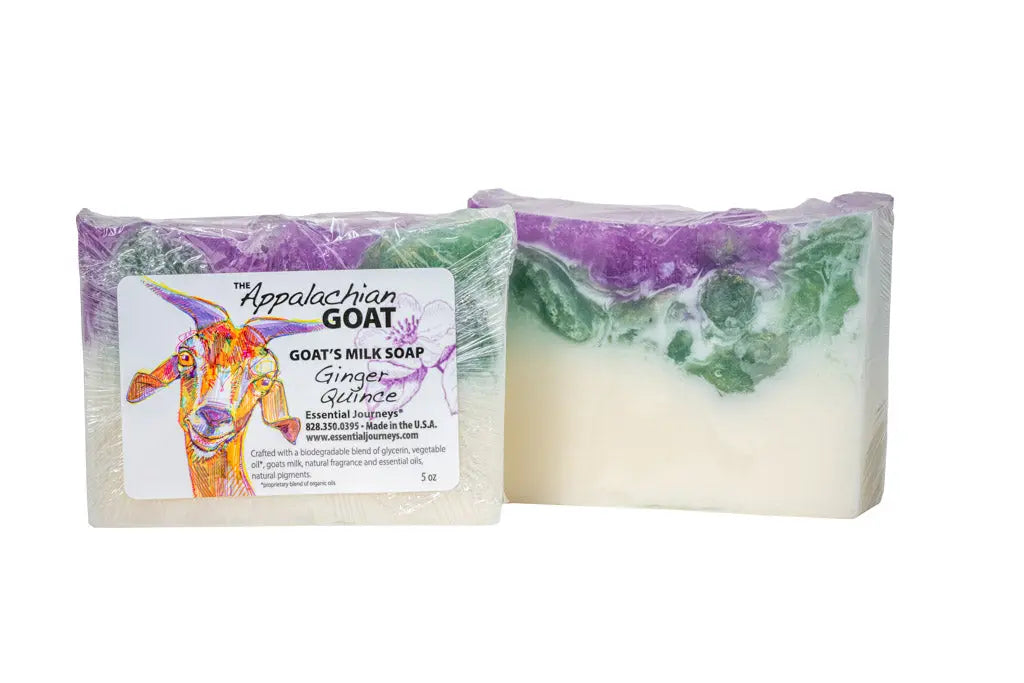 Appalachian Goat Ginger Quince goat's milk soap slice with purple and green swirls.