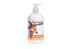 The Appalachian Goat Grapefruit Goat's Milk Lotion bottle with colorful goat illustration