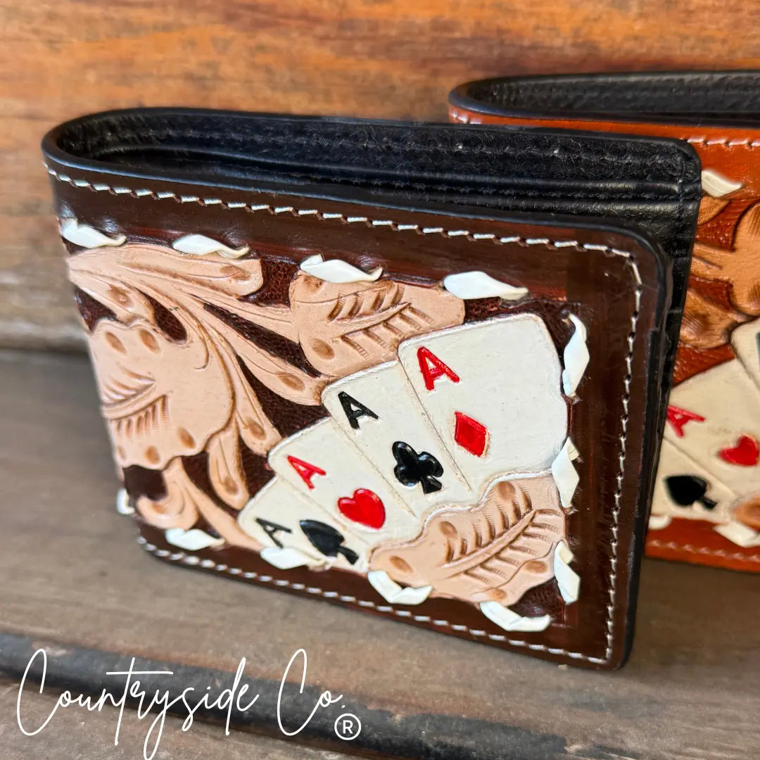 Gambler Leather Men's Wallet with hand-tooled aces card design in brown.