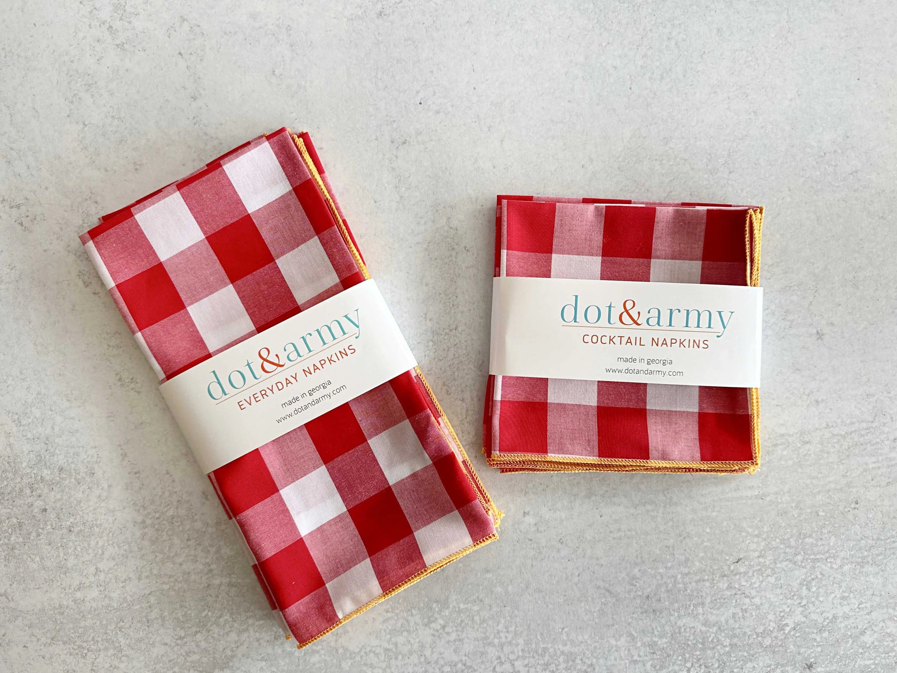 Red and white gingham napkins, everyday and cocktail sets, with branded bands