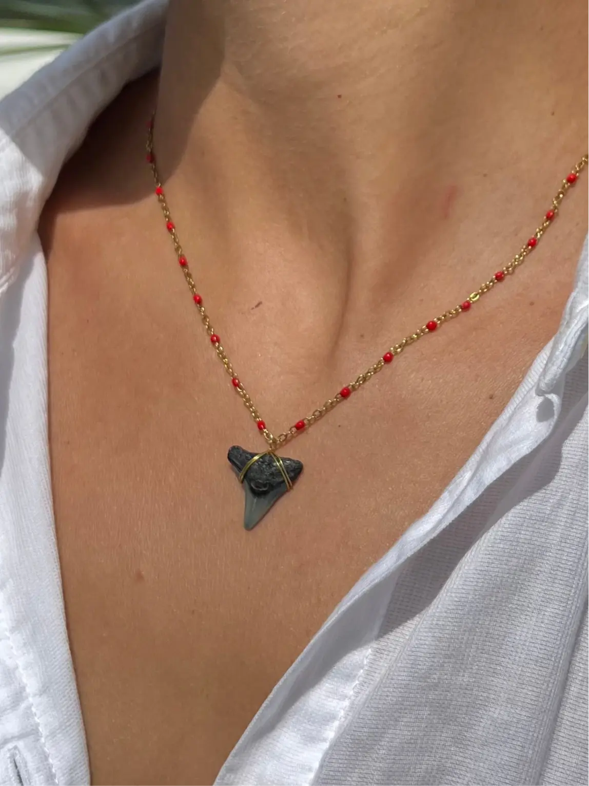 Gold Shark Tooth Necklace - Red HALT