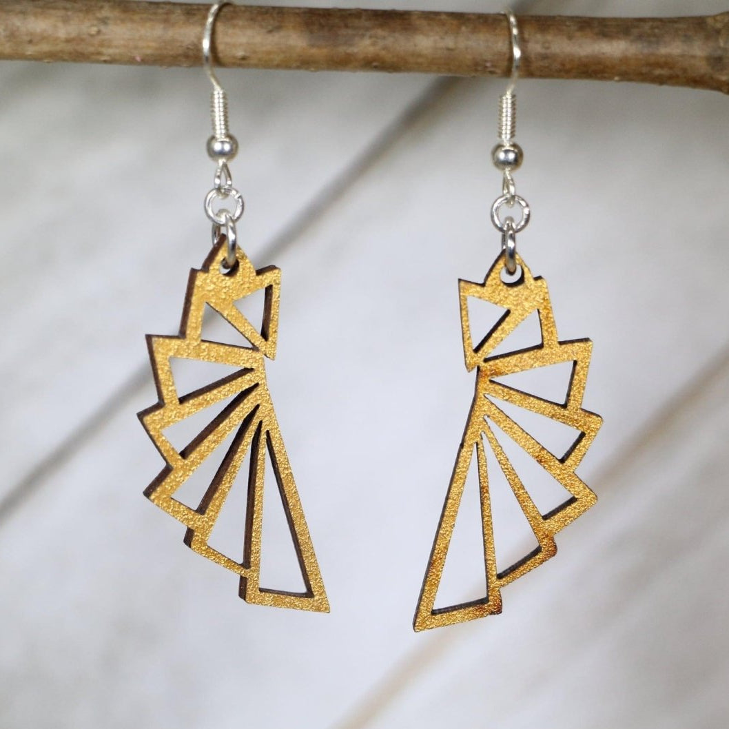 Golden Fan Wooden Dangle Earrings | Art Deco Jewelry