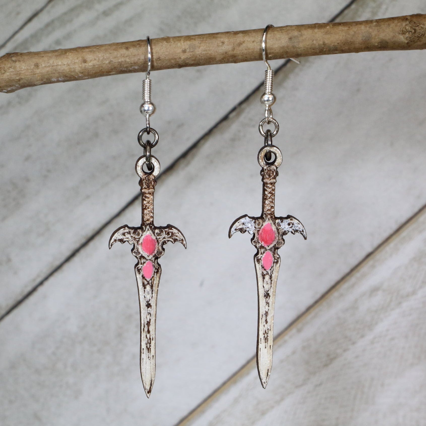 Gothic Sword Wooden Dangle Earrings | Dark Fantasy Jewelry