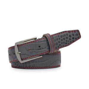Roger Ximenez gray custom leather belt with mock gator finish