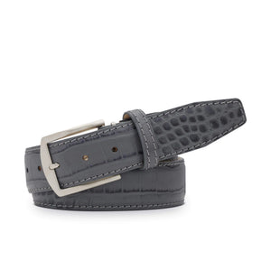 Gray mock gator belt showing handmade leather craftsmanship
