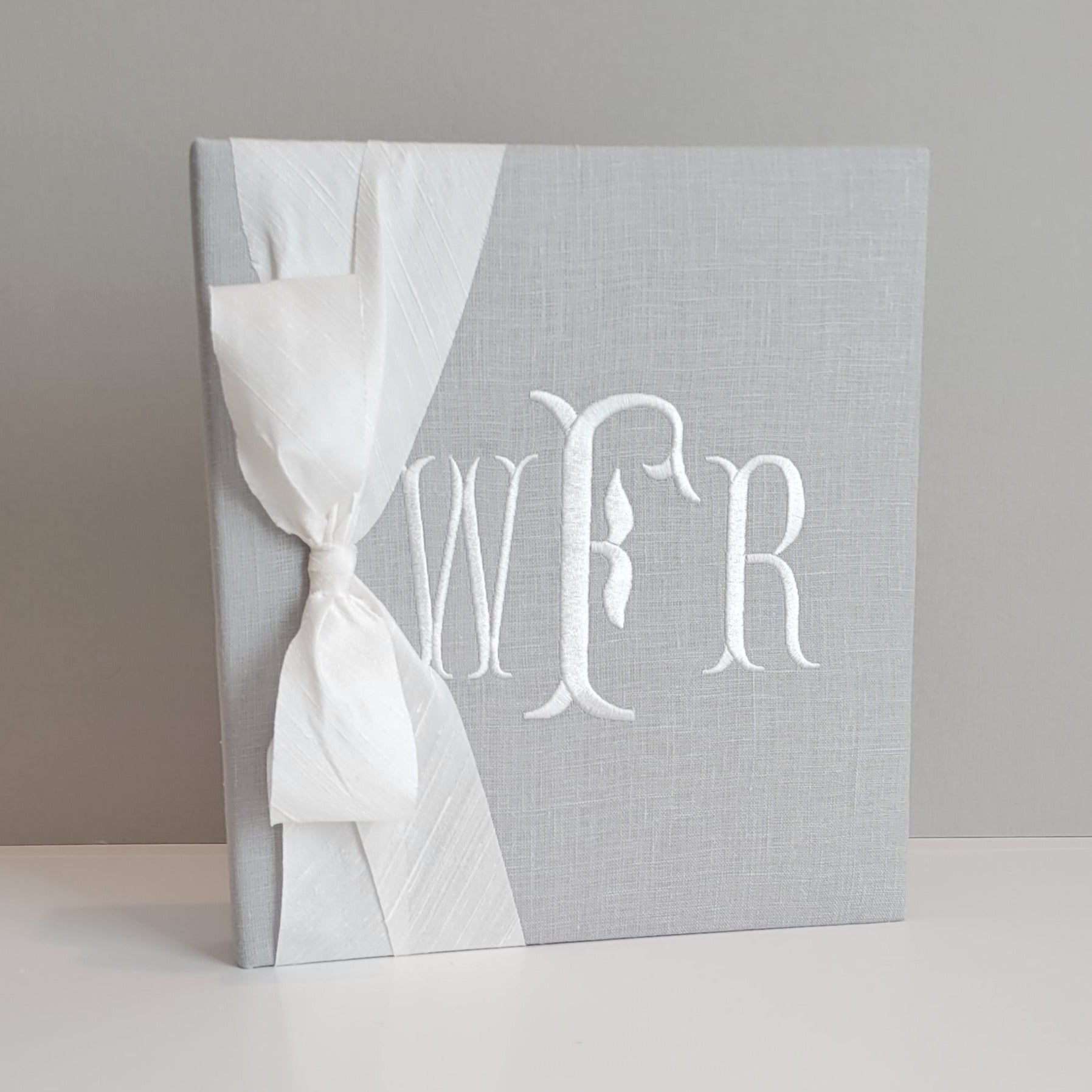 Gray linen handmade baby memory book with silk bow by AP Creations