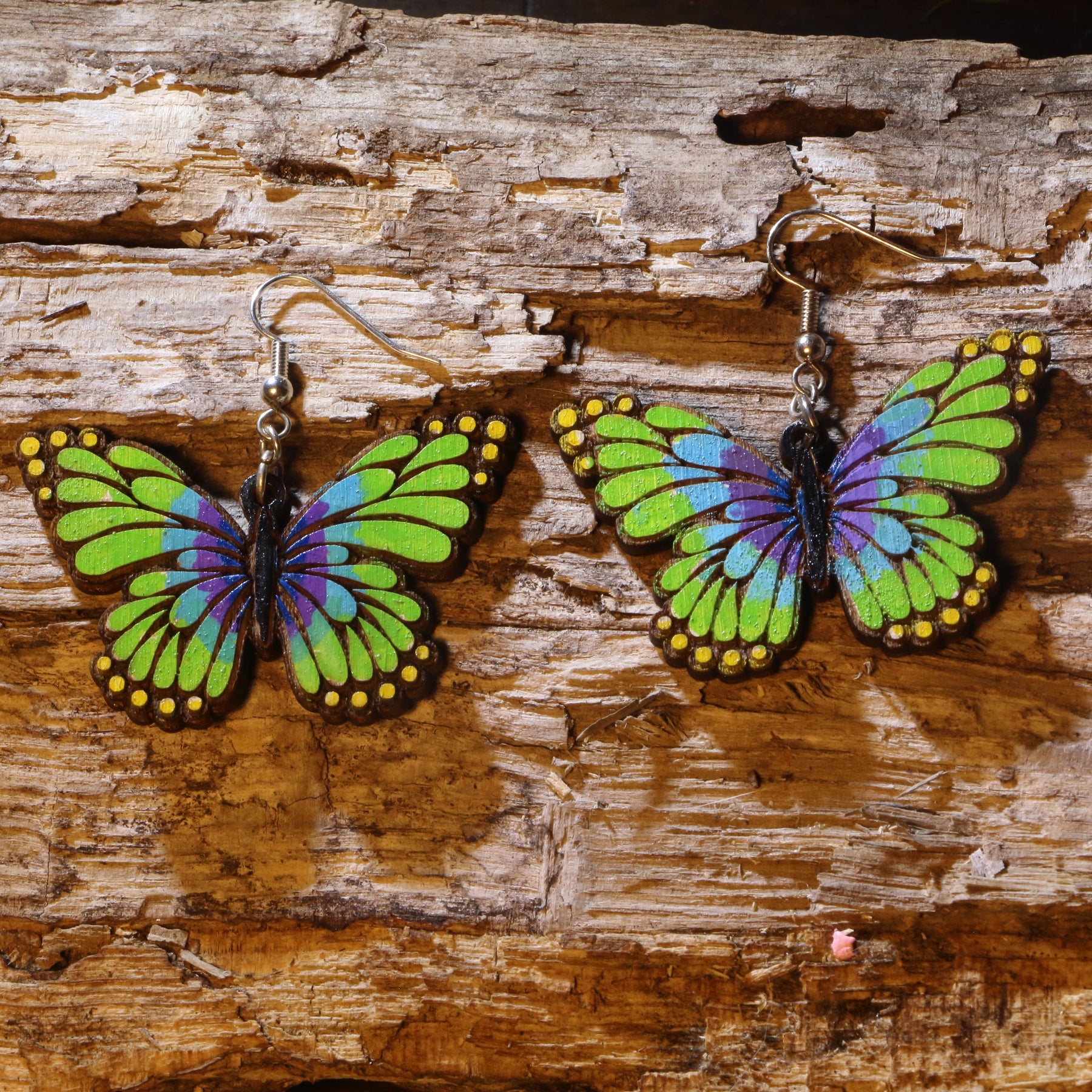 Green & Purple Butterfly Wooden Dangle Earrings | Butterfly Nature Jewelry