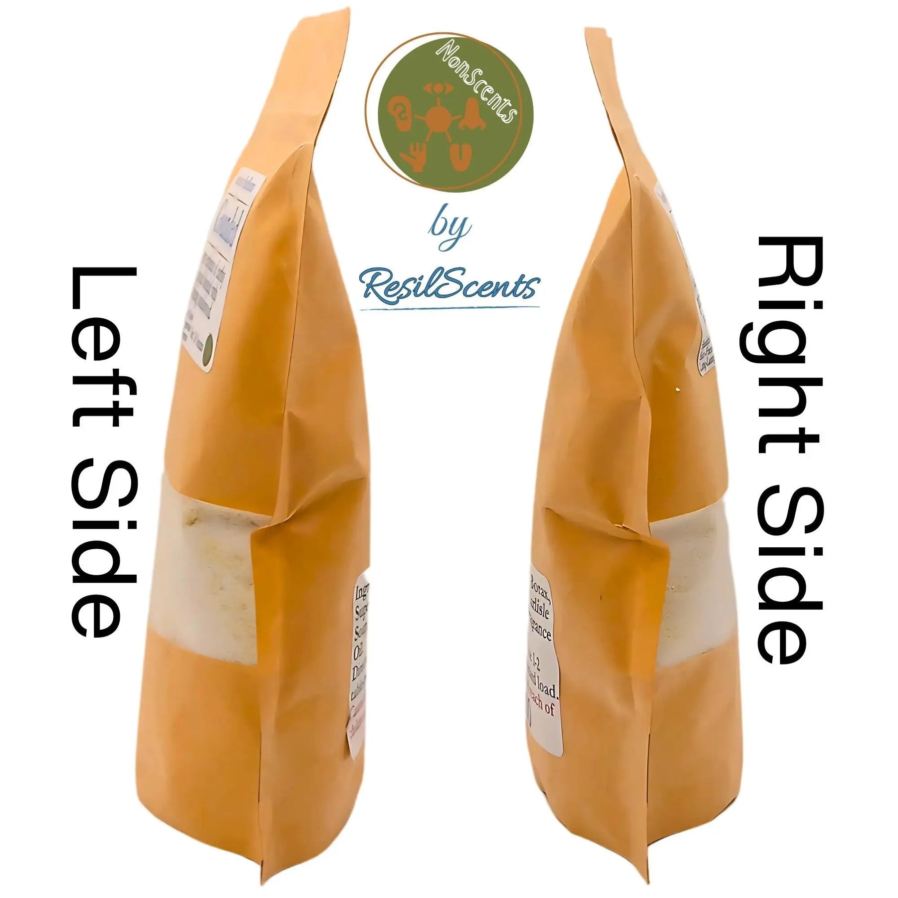 Two kraft paper bags of ResilScents laundry detergent, labeled left and right side, showing product details.