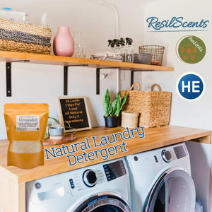 Laundry room with detergent, washer, shelves, and a sign listing ingredients.