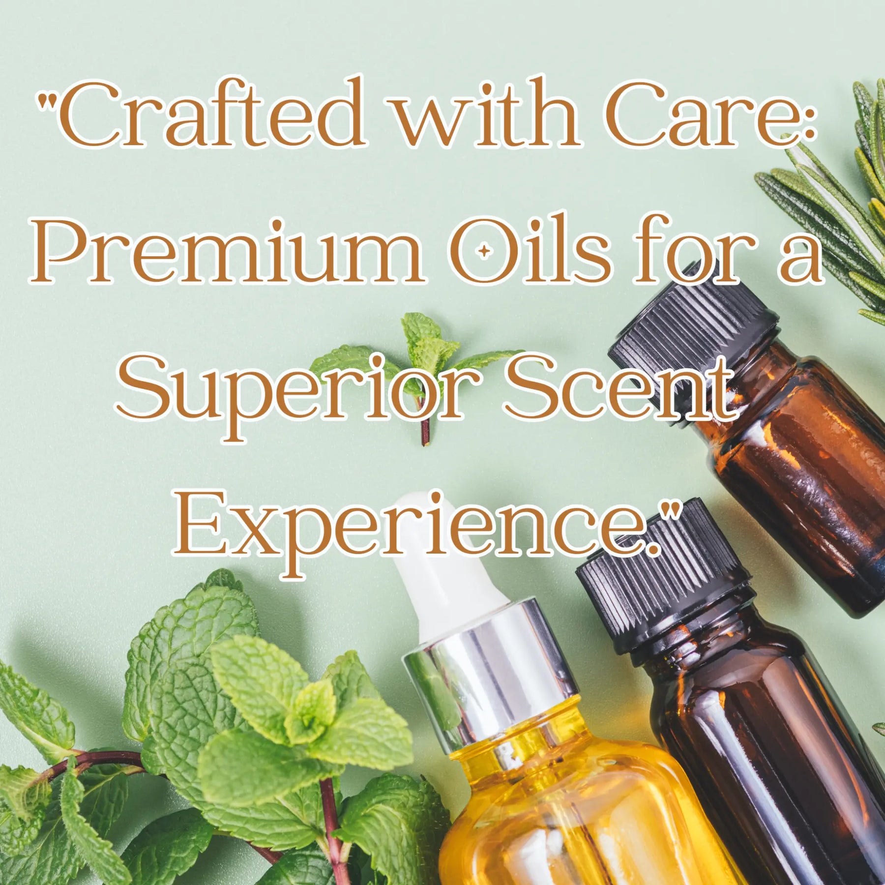 Essential oil bottles with mint and rosemary, featuring the text: Crafted with Care: Premium Oils for a Superior Scent Experience