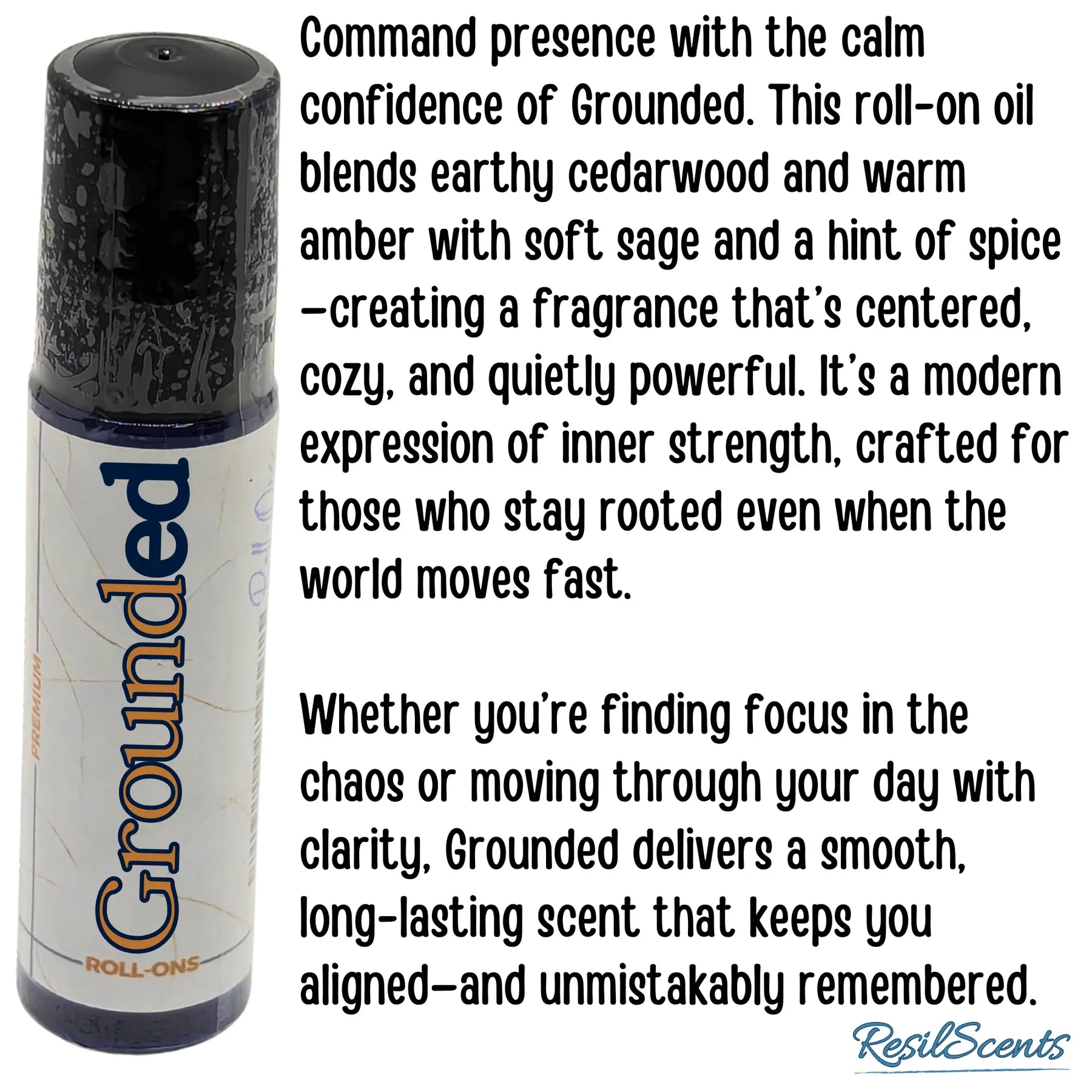 Grounded roll-on oil bottle by ResilScents featuring product description text.